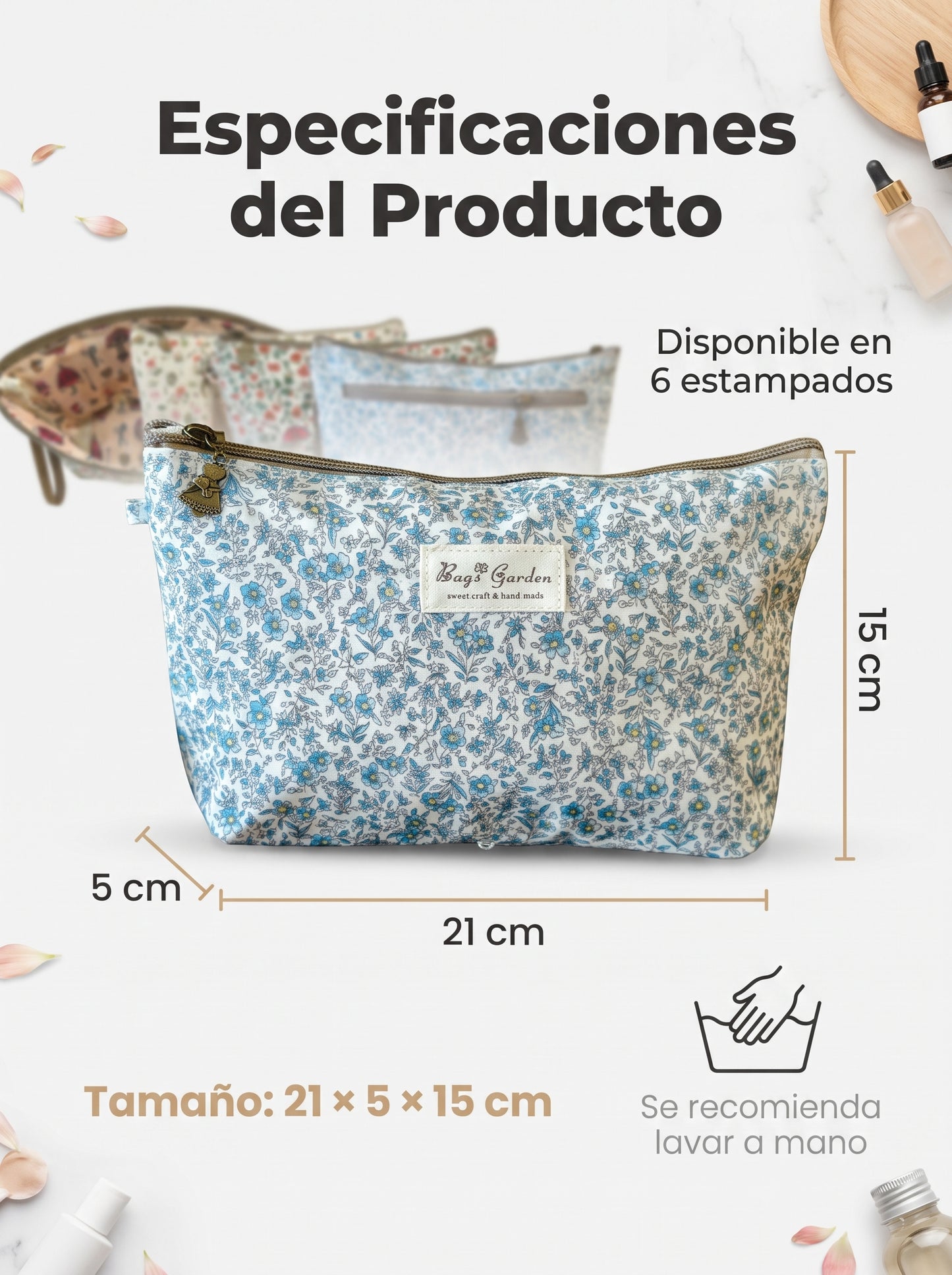 Neceser Mediano Floral Impermeable Bags Garden con Asa de Muñeca y Bolsillo Trasero con Cremallera