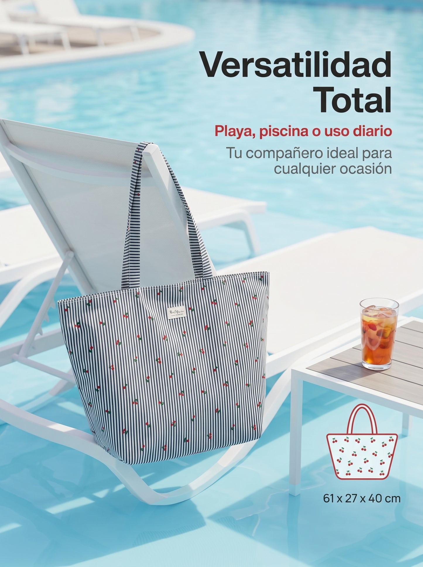 Bolso de Playa Grande Rayas con Cereza | Bolsa Tote Impermeable con Cremallera