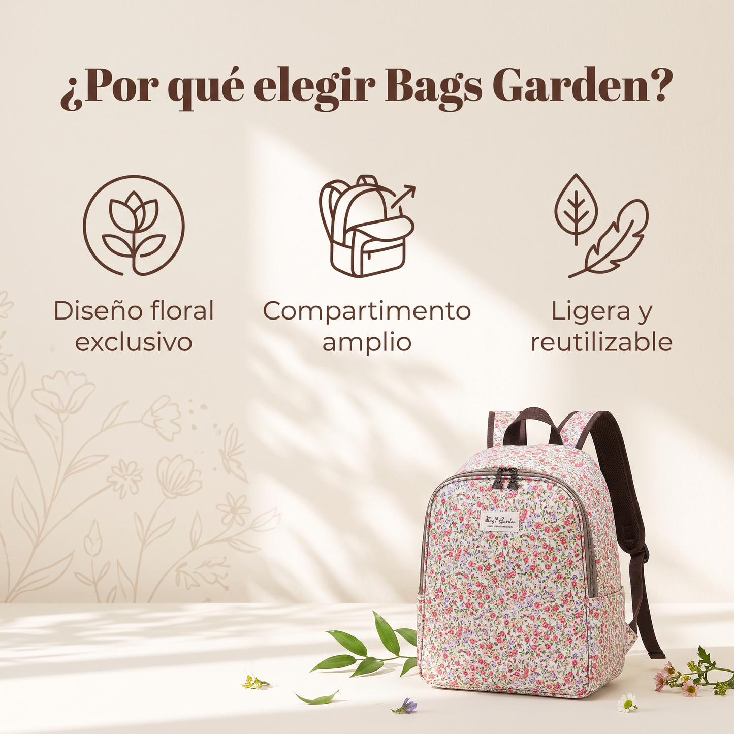 Mochila Nevera Floral Impermeable con Interior Térmico, Doble Cremallera, Bolsillos Laterales y Tirantes Ajustables