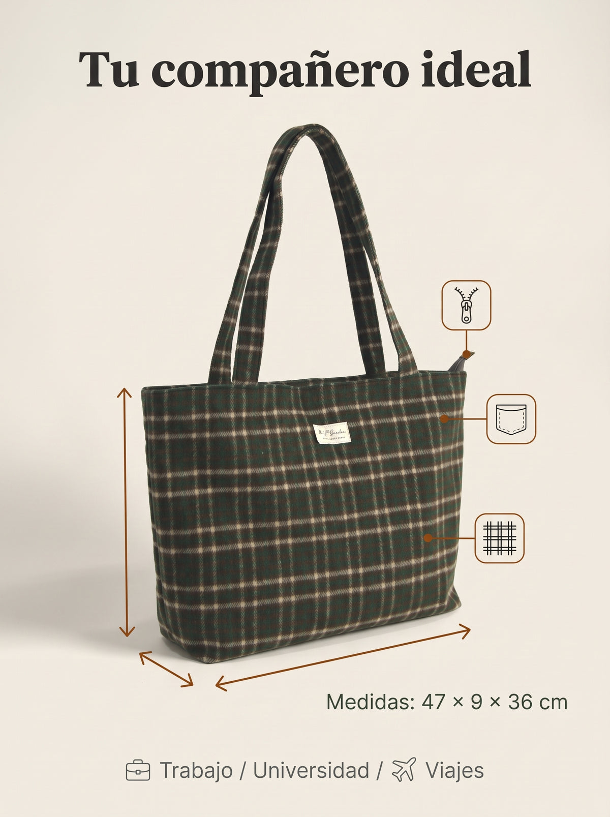 Bolso Tote de Cuadros con Cremallera
