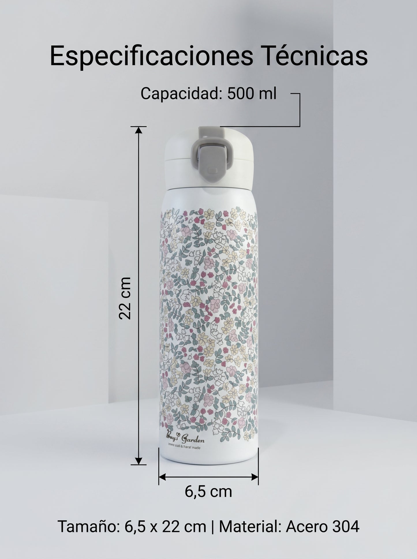 Botella Térmica Floral 500 ml con Pulsador y Cierre de Seguridad