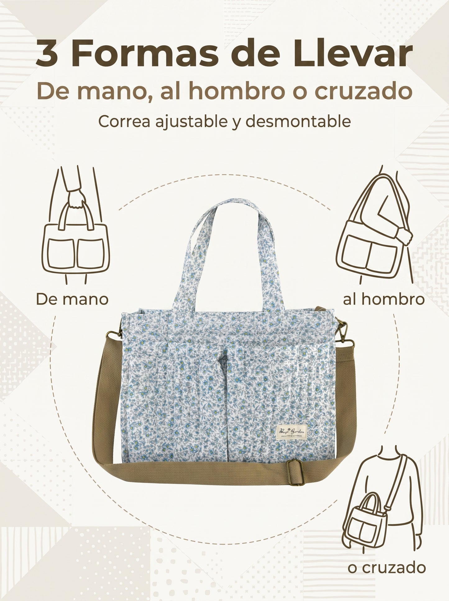Bolso Organizador Floral para Carrito de Bebé de algodón con Bolsillos, Asas y Correa Ajustable