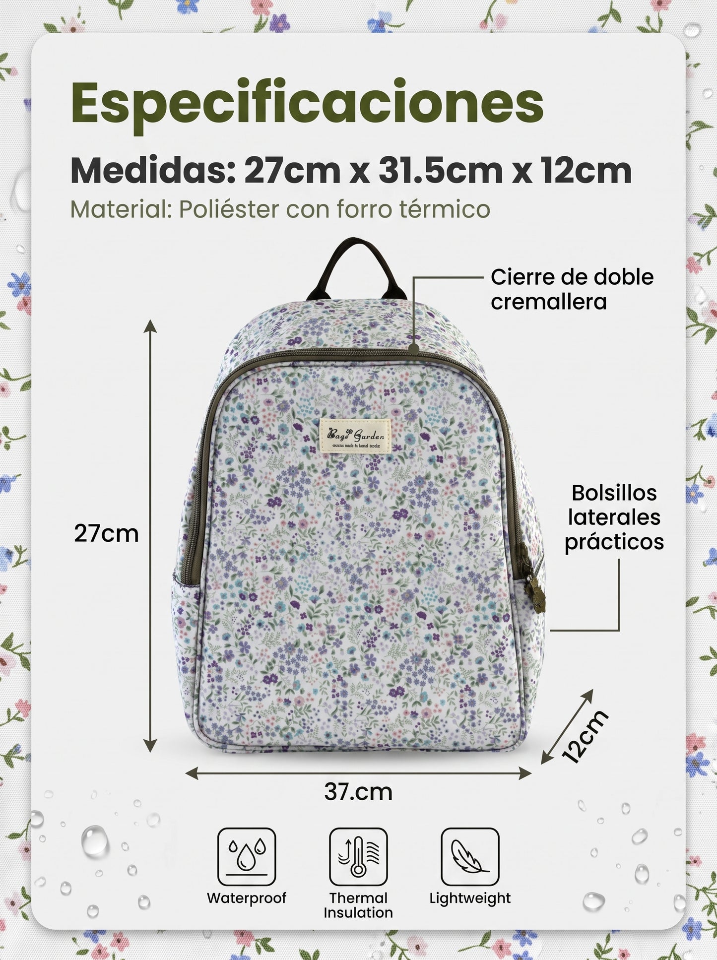 Mochila Nevera Floral Impermeable con Interior Térmico, Doble Cremallera, Bolsillos Laterales y Tirantes Ajustables
