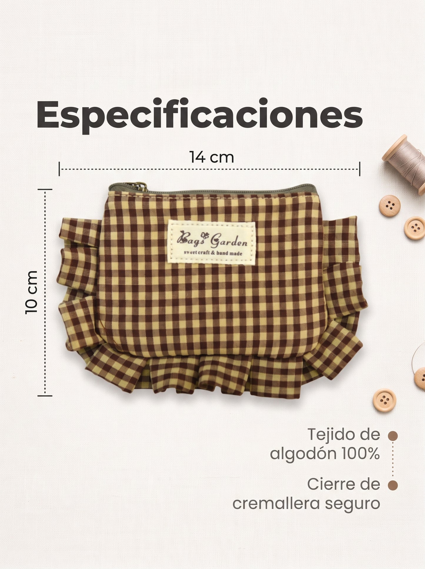 Monedero de Algodón de Cuadros con Volantes y Cremallera