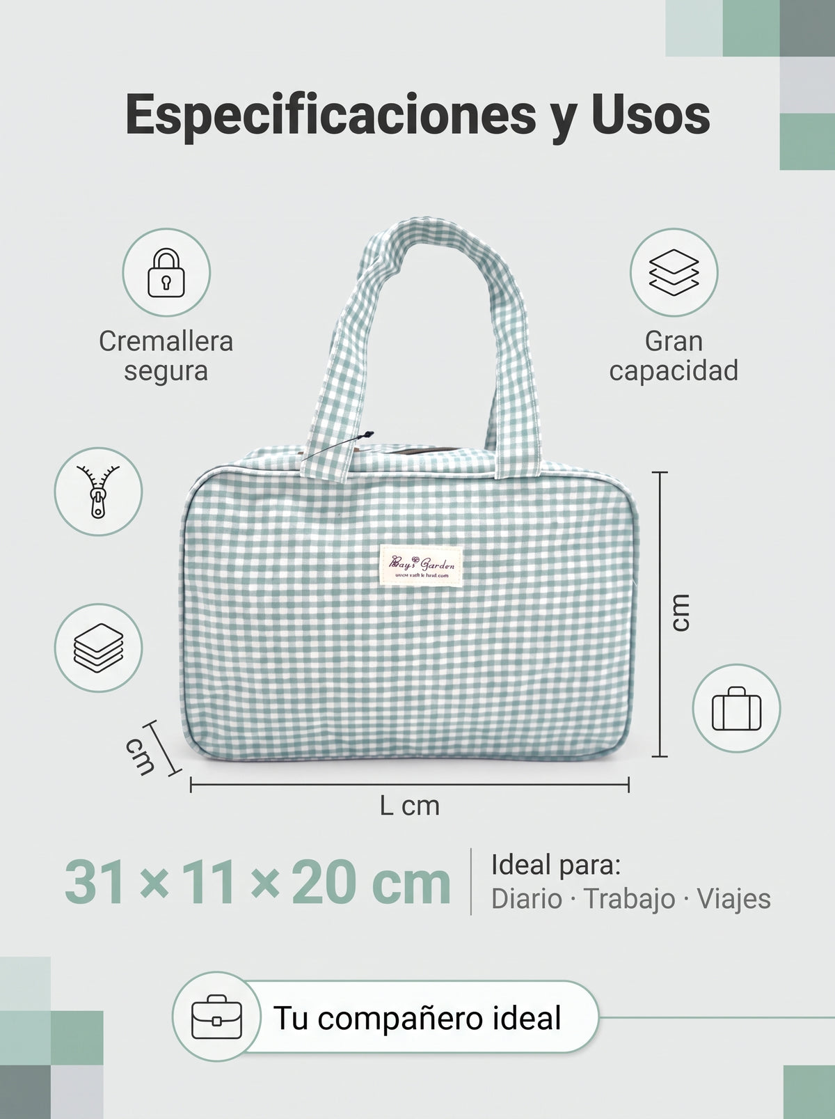 Bolso de Mano Rectangular Vichy con Cremallera y Bolsillo Interior
