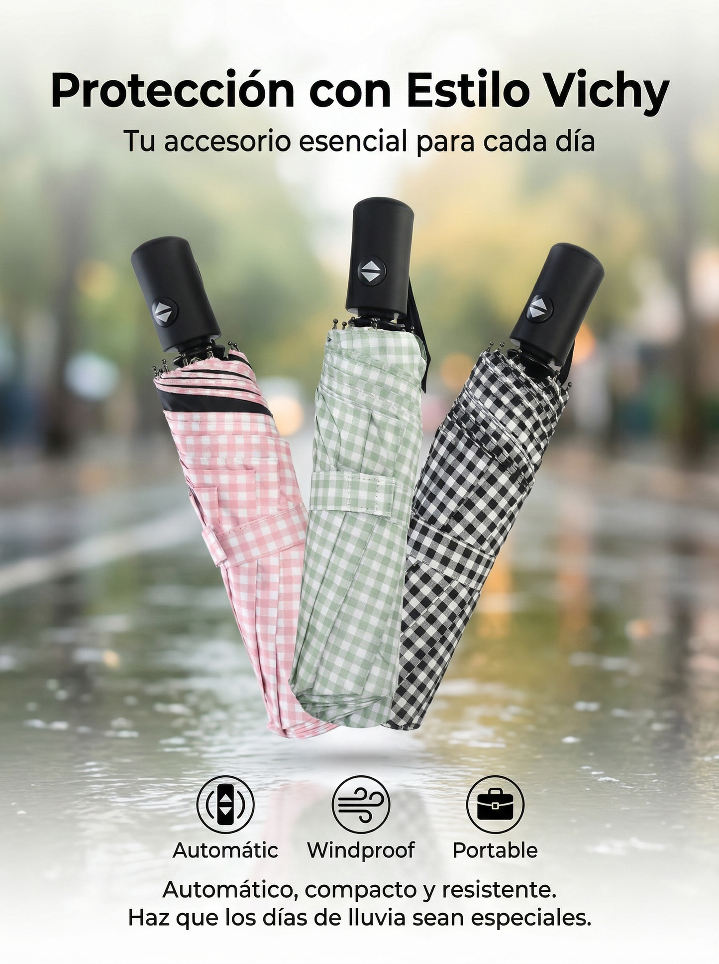 Paraguas Plegable Automático Impermeable Vichy | Paraguas Compacto de Viaje