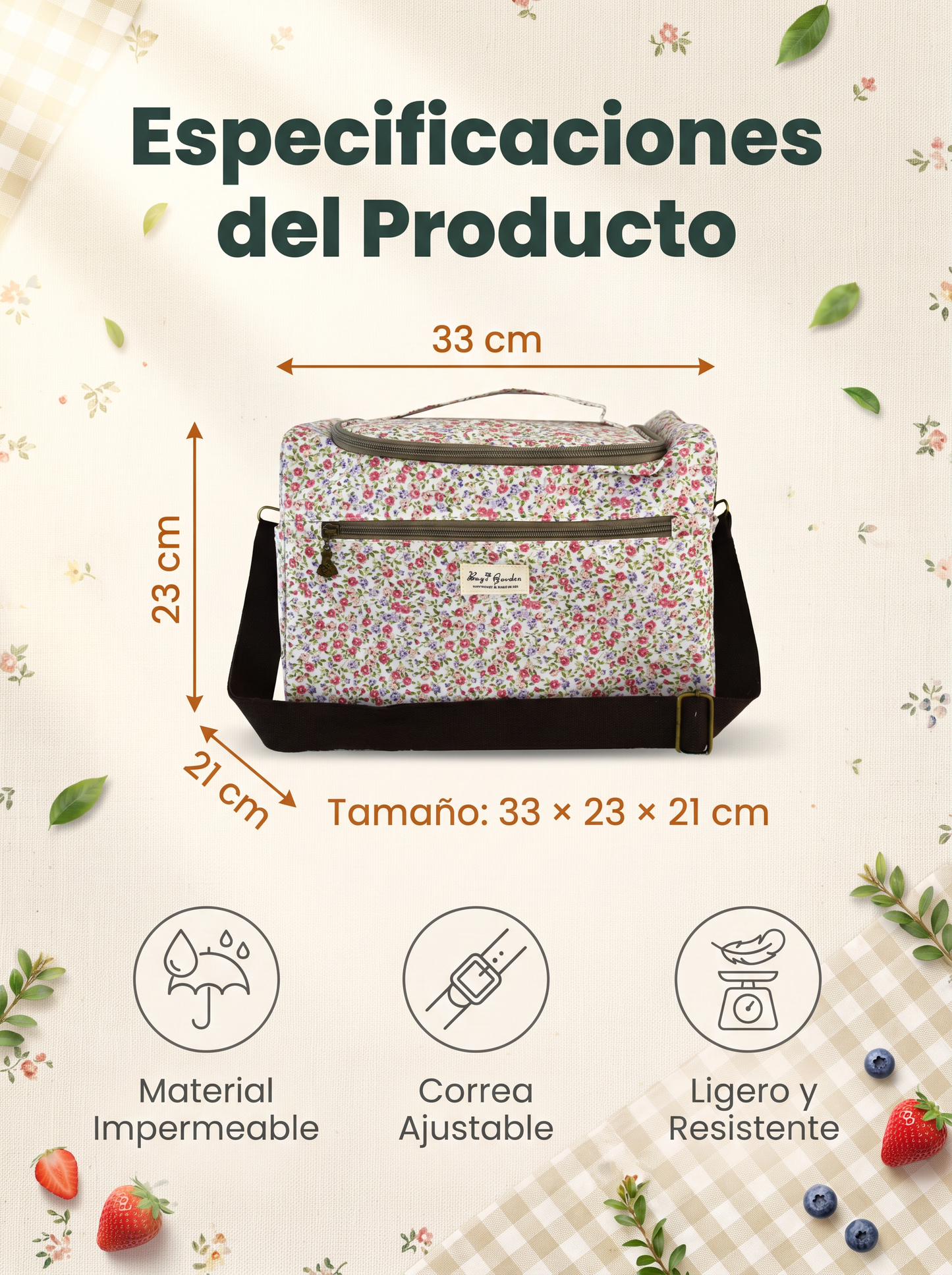 Bolso Nevera Floral Grande Impermeable con Bolsillo Frontal, Cremallera y Correa de Hombro para Picnic y Trabajo