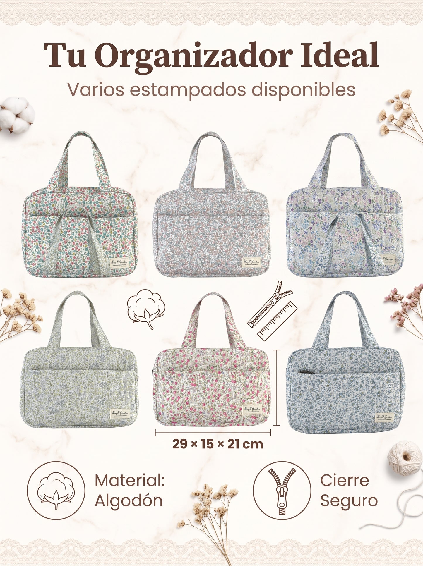 Bolso Organizador Floral de Mano para Artículos de Bebé en Algodón Acolchado