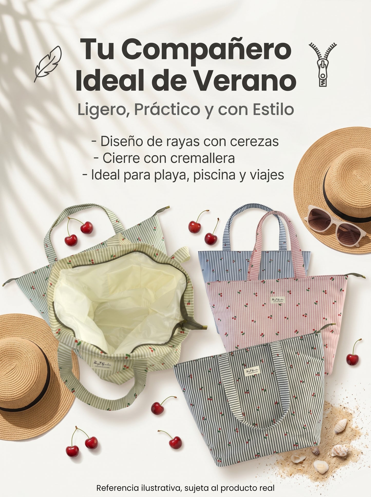 Bolso de Playa Pequeño Rayas con Cereza | Bolsa Ligera con Cremallera