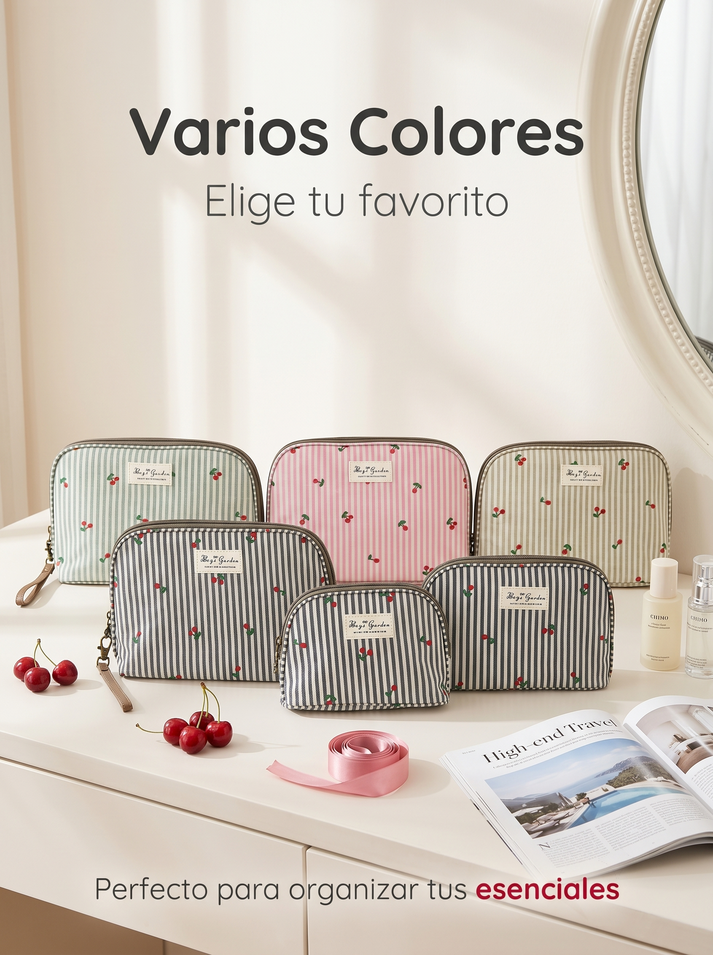 Set de 3 Neceseres Rayas con Cerezas