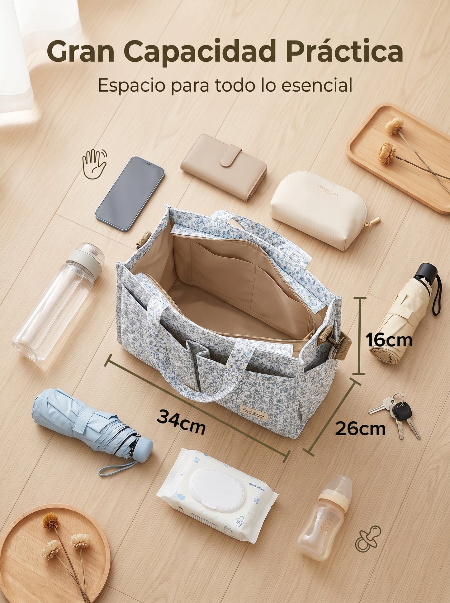 Bolso Organizador Floral para Carrito de Bebé de algodón con Bolsillos, Asas y Correa Ajustable
