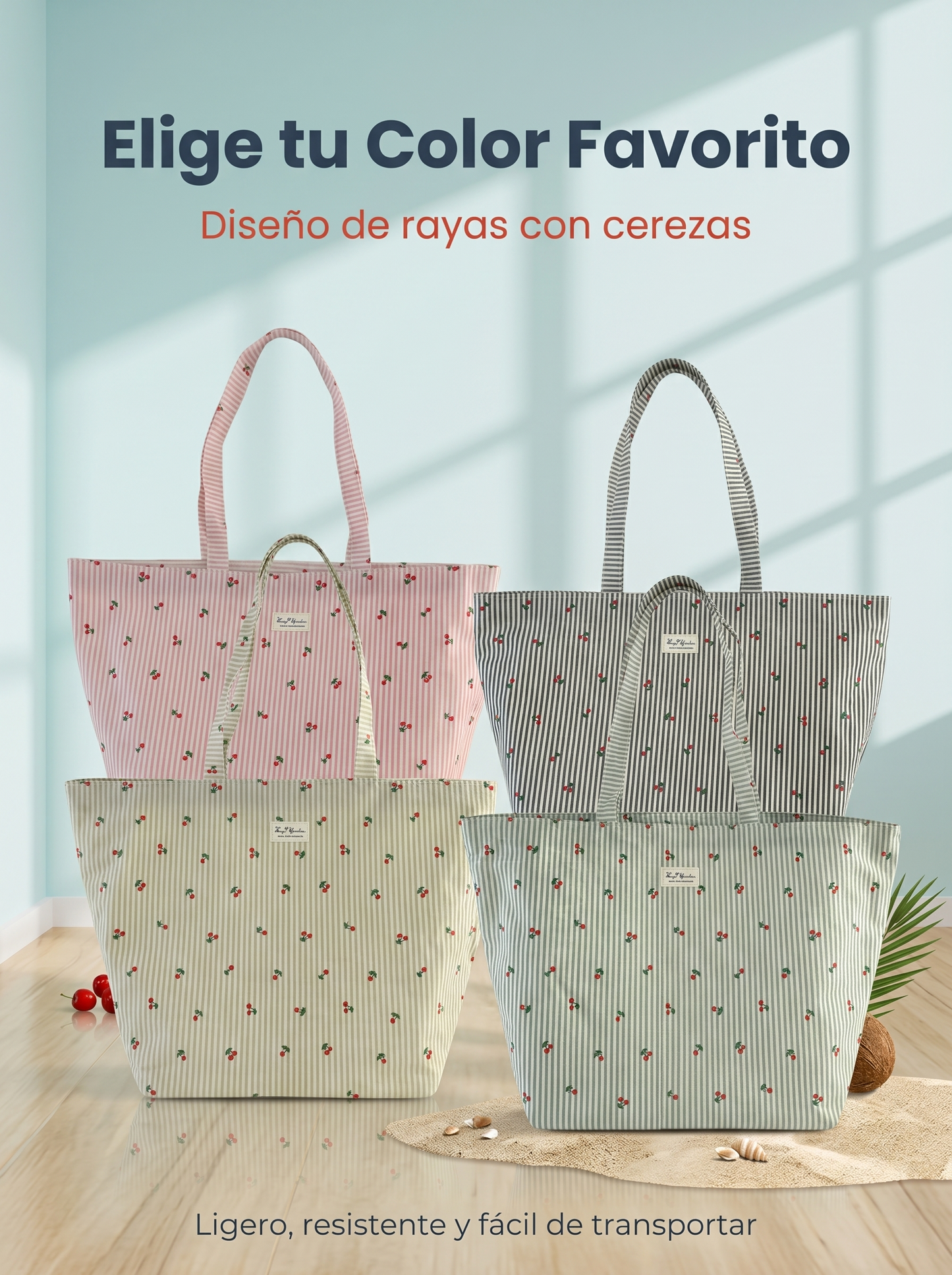 Bolso de Playa Grande Rayas con Cereza | Bolsa Tote Impermeable con Cremallera