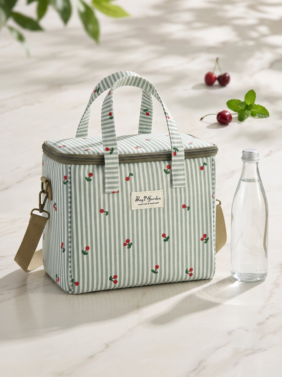 Bolsa Nevera Grande de Rayas con Cerezas y Bandolera