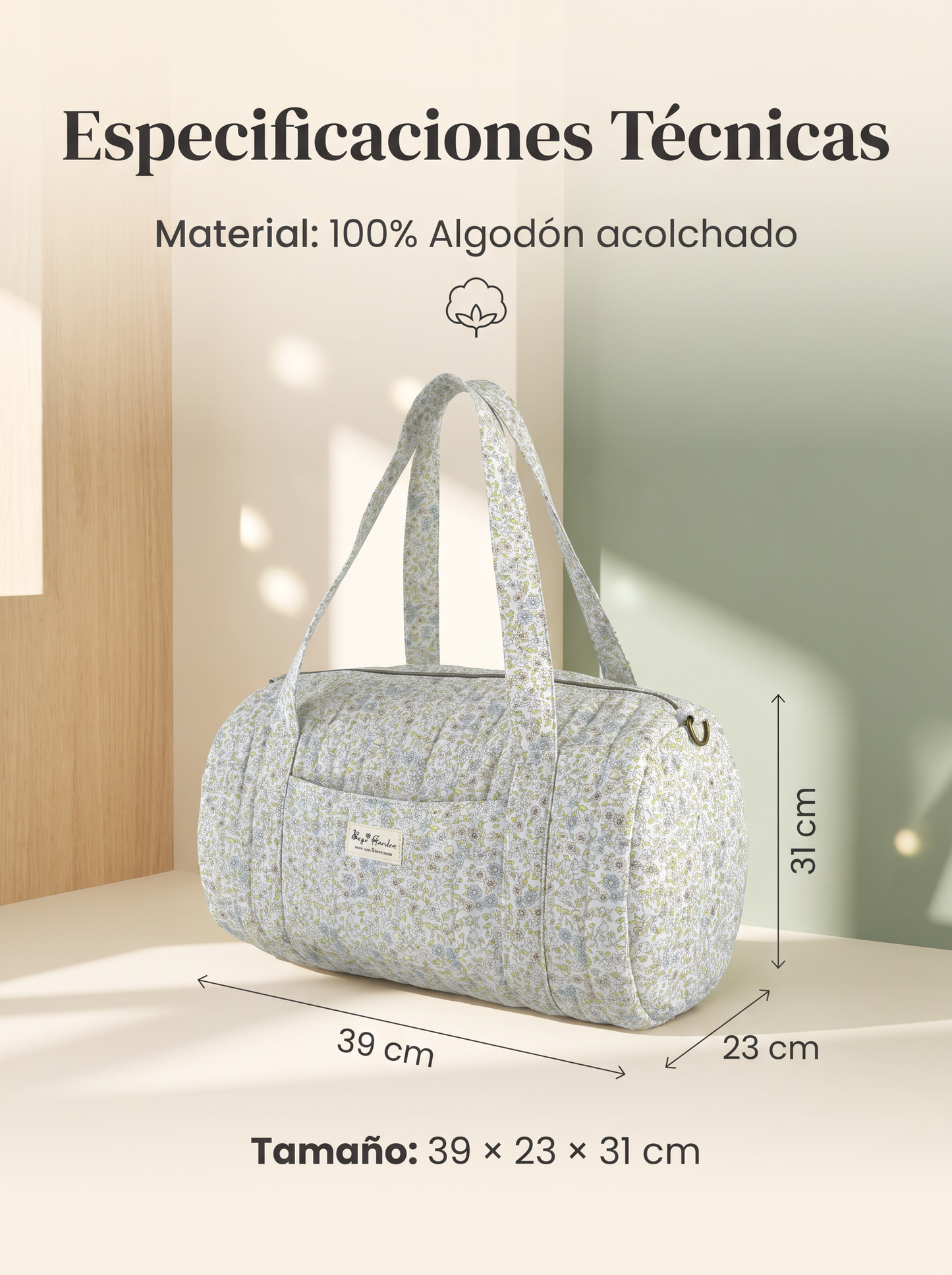Bolso Maternal Barrel Floral de Algodón Acolchado para Artículos de Bebé con Correa Ajustable