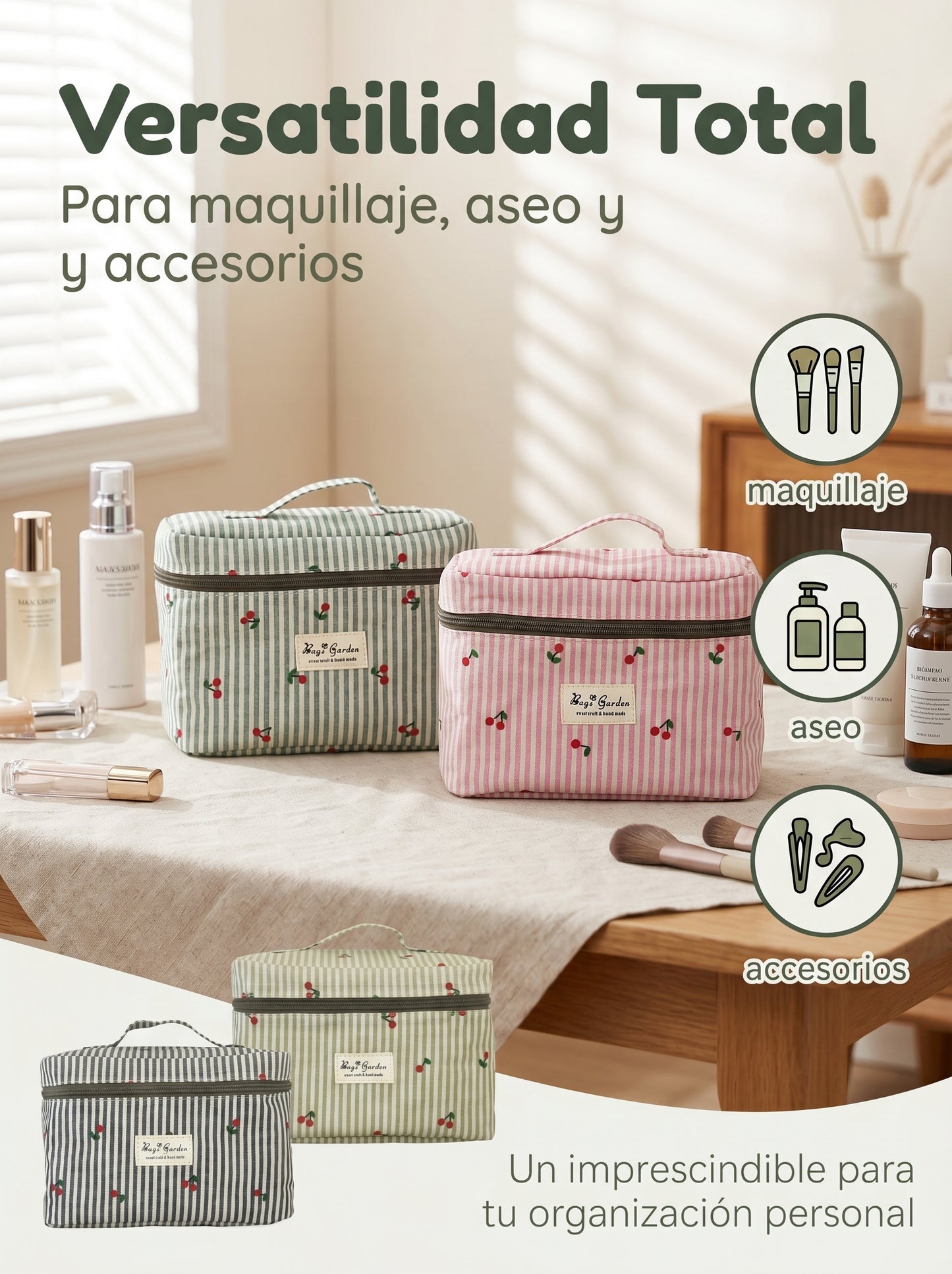 Neceser Rayas con Cerezas | Organizador de Viaje y Cosméticos
