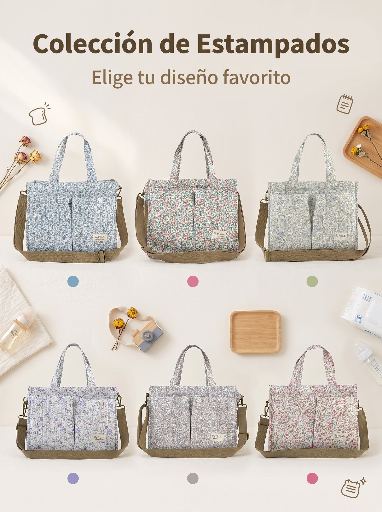Bolso Organizador Floral para Carrito de Bebé de algodón con Bolsillos, Asas y Correa Ajustable
