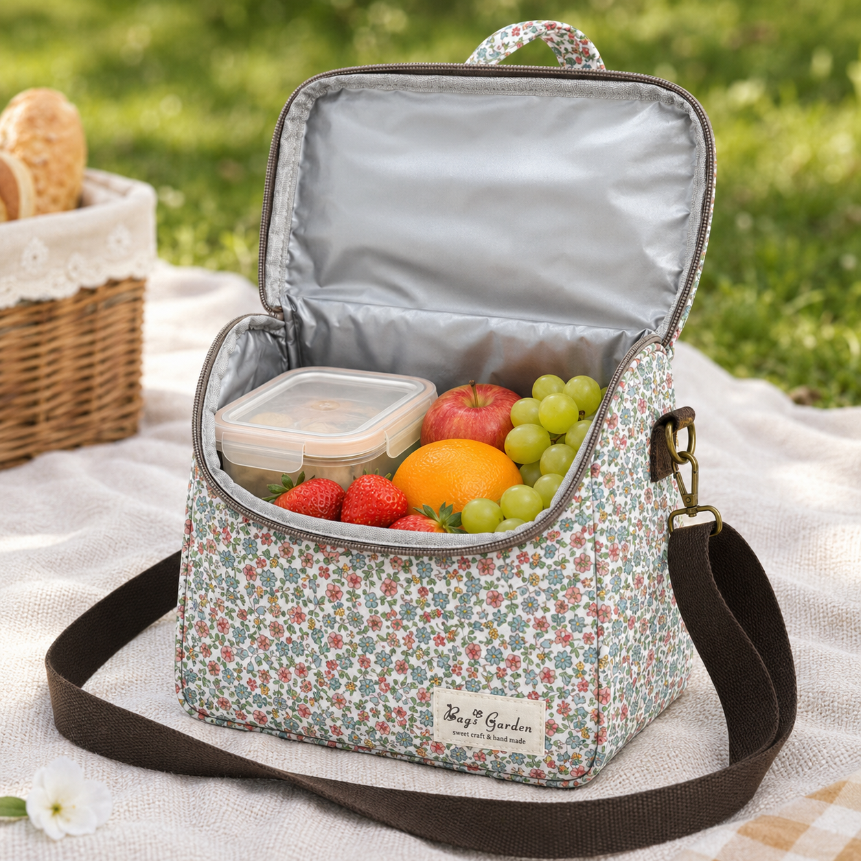 Bolso Nevera Floral Impermeable con Apertura Frontal, Asa y Correa Ajustable para Comida, Trabajo y Picnic