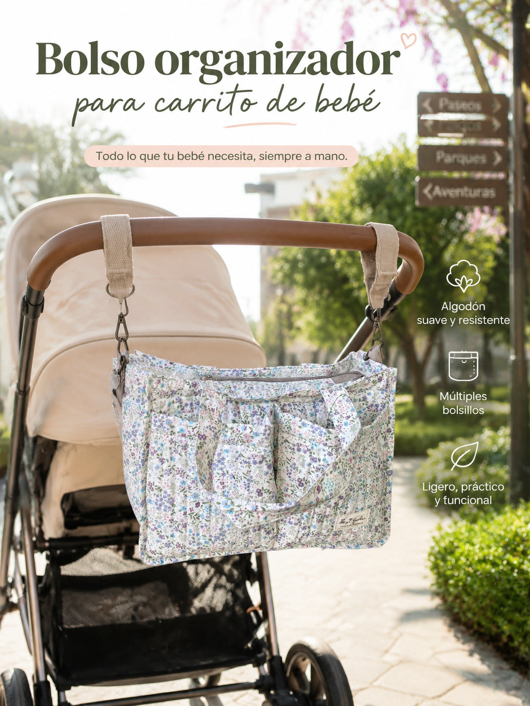 Bolso Organizador Floral para Carrito de Bebé de algodón con Bolsillos, Asas y Correa Ajustable