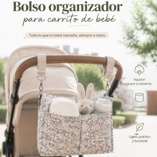 Bolso Organizador Floral para Carrito de Bebé de algodón con Bolsillos, Asas y Correa Ajustable