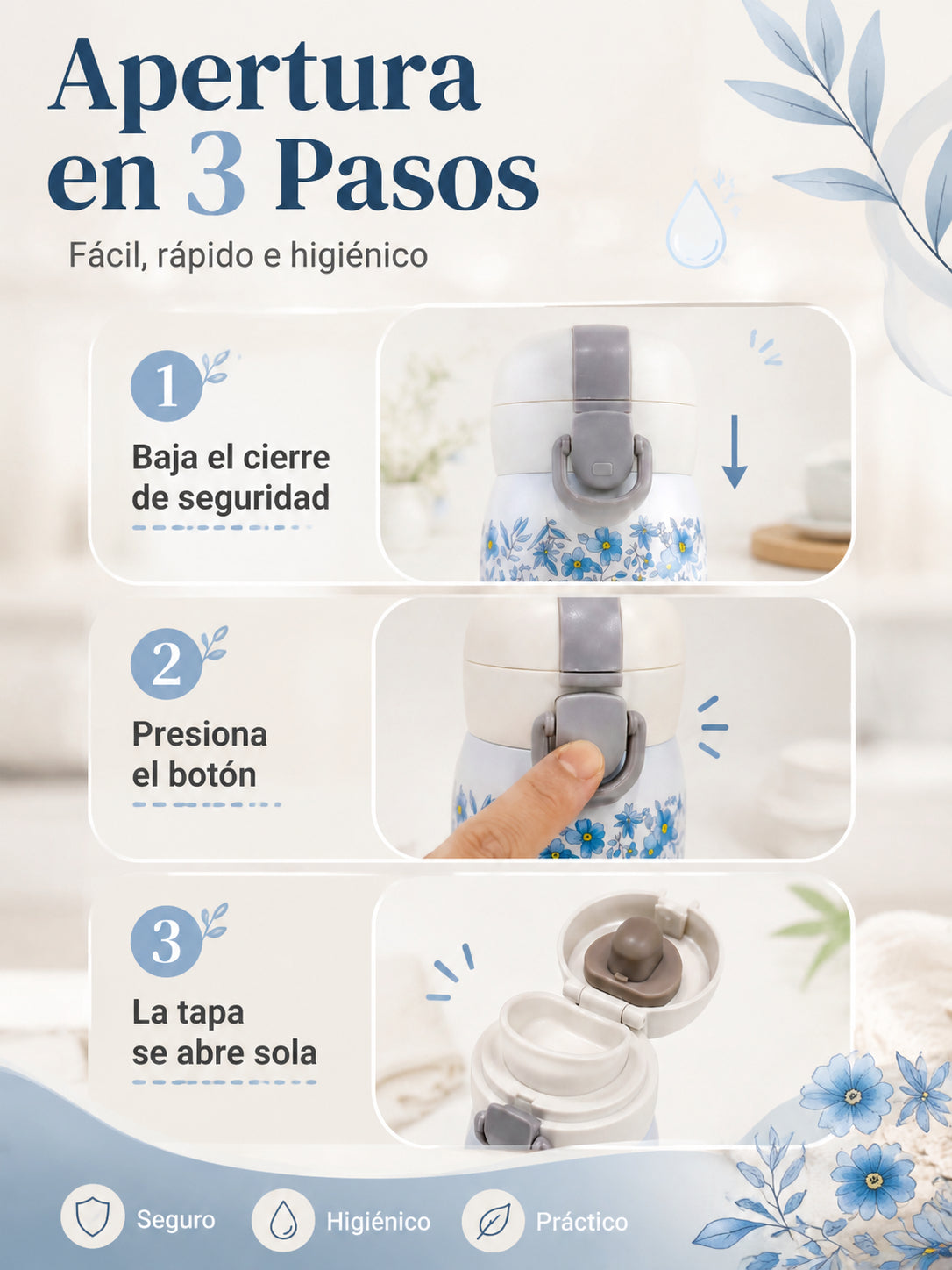 Botella Térmica Floral 500 ml con Pulsador y Cierre de Seguridad