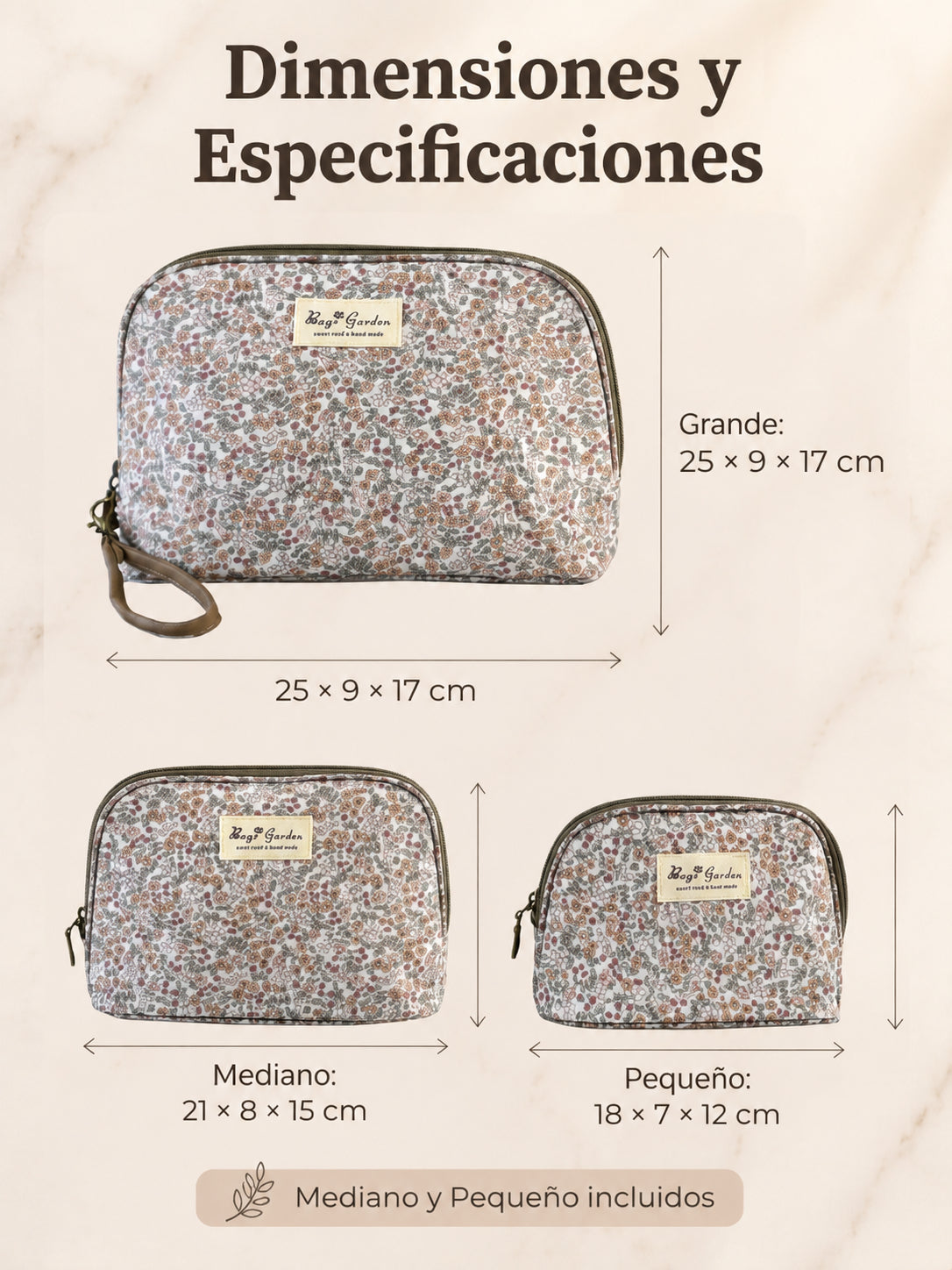 Set de 3 Neceseres Florales Impermeables de Diferentes Tamaños para Maquillaje y Viaje