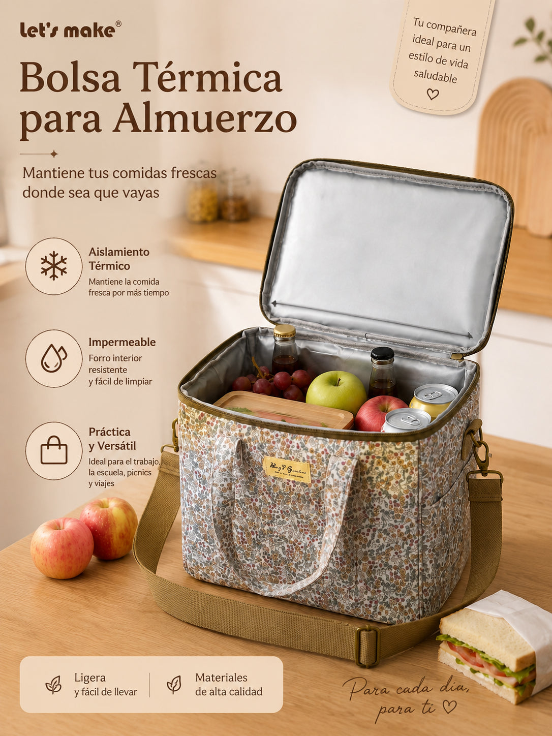 Bolso Nevera pequeño Floral Impermeable con Asa y Correa Ajustable para Comida, Trabajo, Playa y Picnic