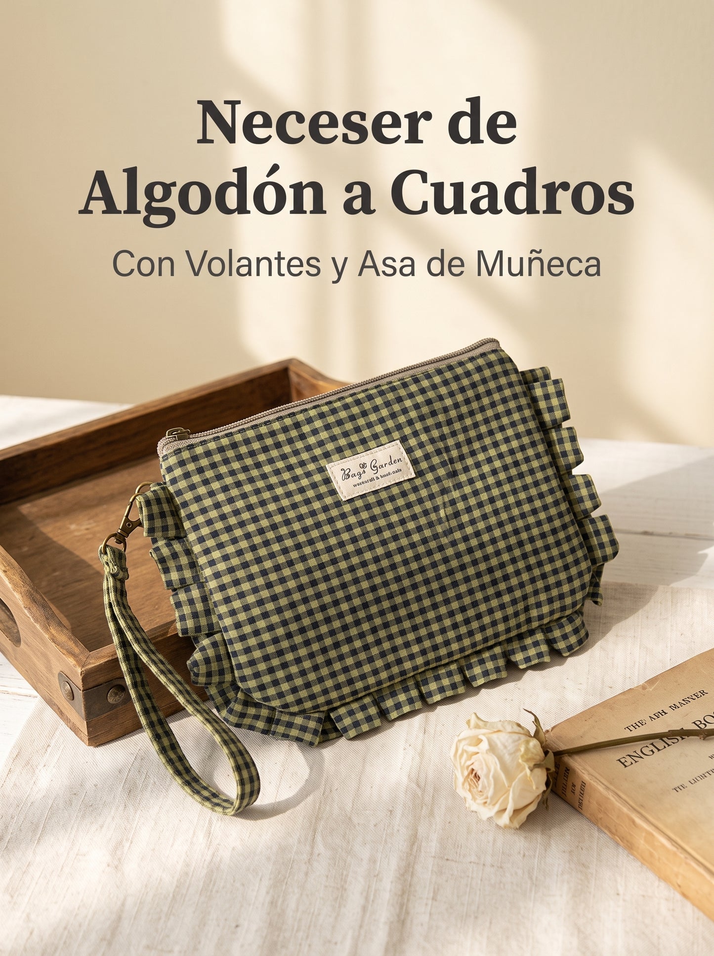 Neceser de Algodón a Cuadros con Volantes y Asa de Muñeca