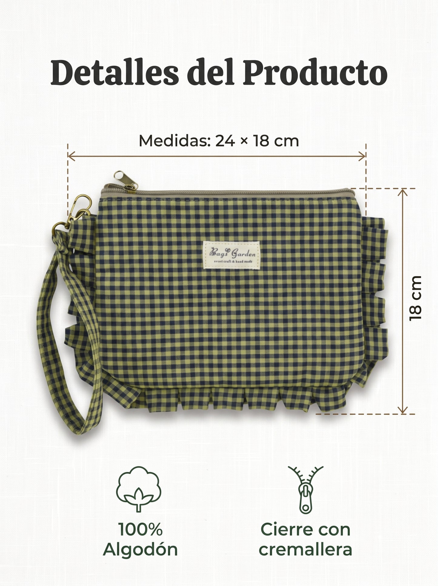 Neceser de Algodón a Cuadros con Volantes y Asa de Muñeca