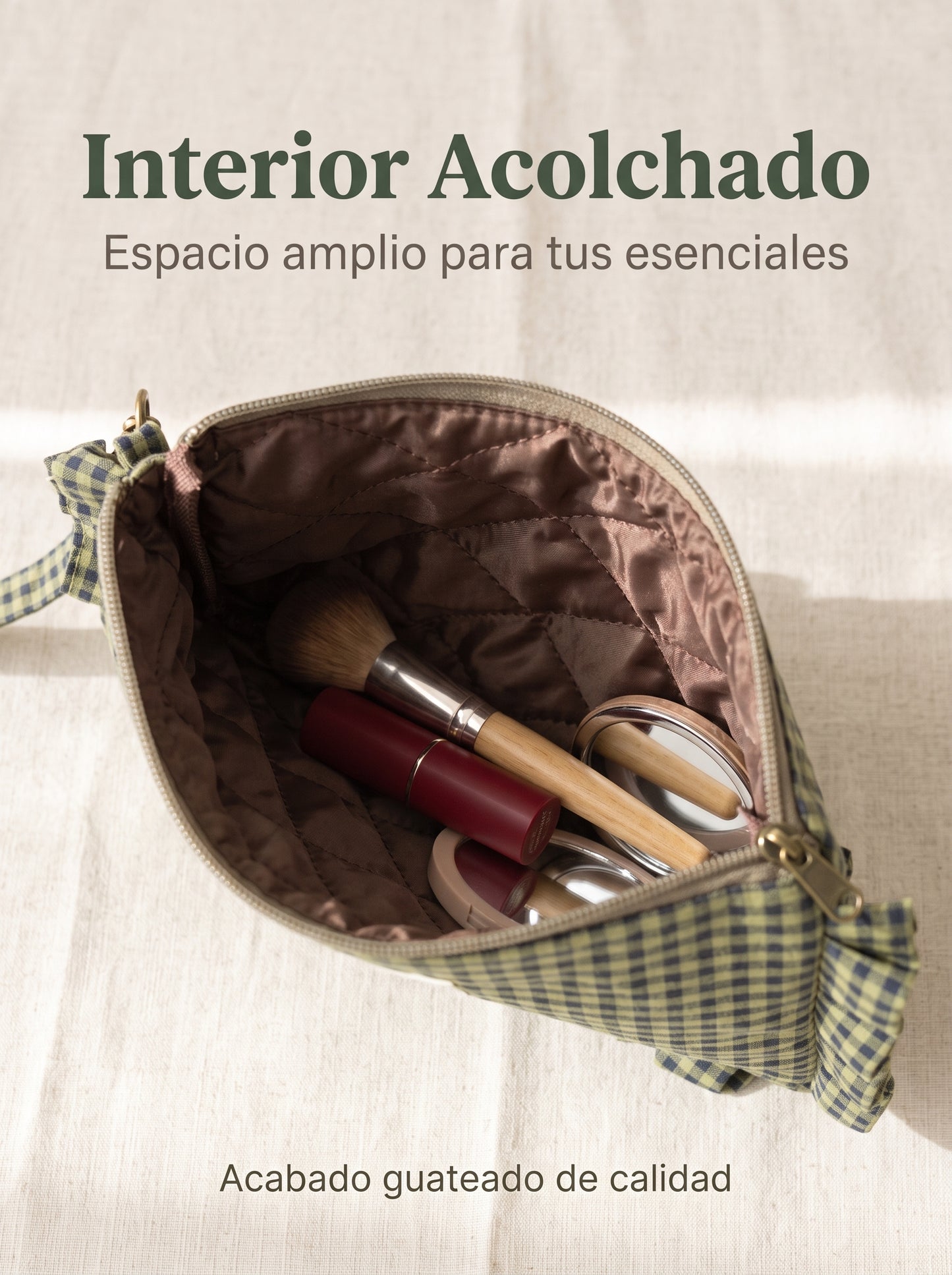 Neceser de Algodón a Cuadros con Volantes y Asa de Muñeca